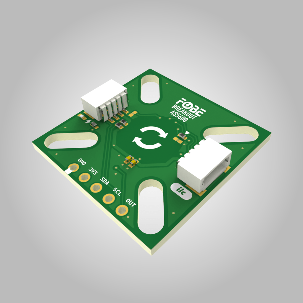 FoBE Breakout AS5600 features ams AS5600 12-bit contactless magnetic sensor for precise angle measurement as potentiometer or encoder, with easy integration.