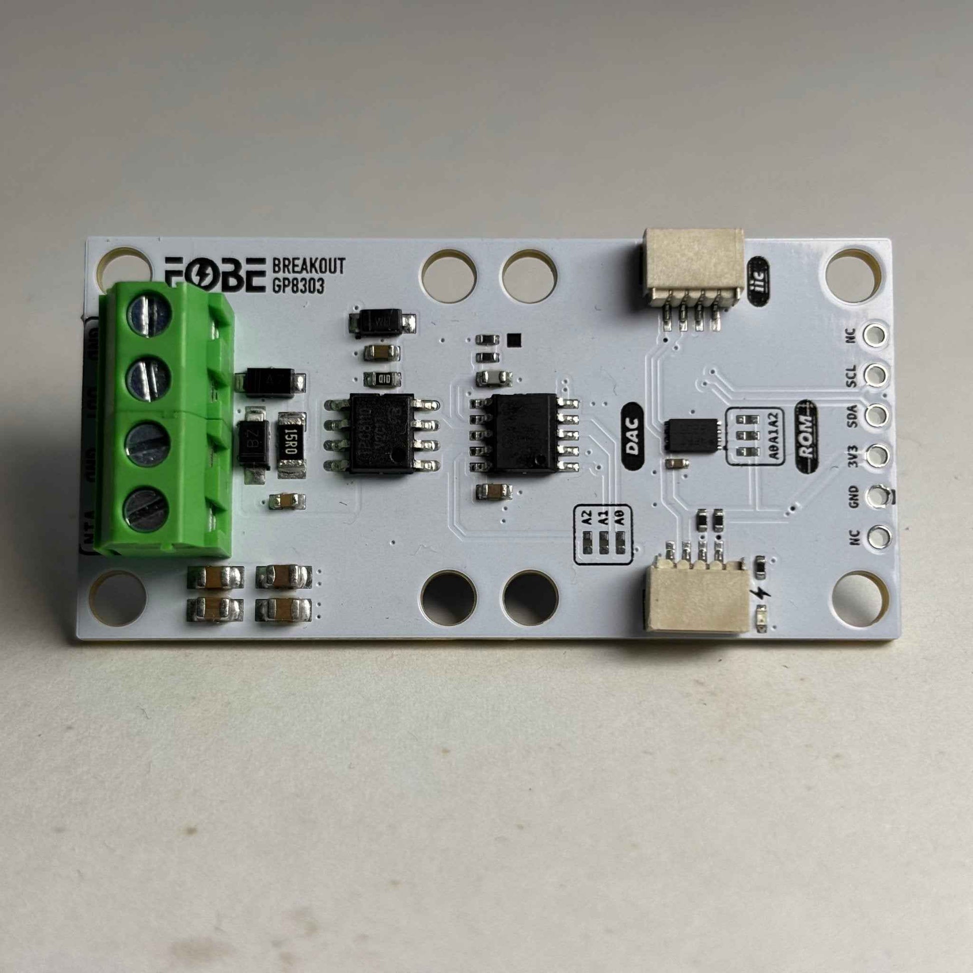 FoBE Breakout GP8303 industrial 4-20mA current output DAC module with 12-bit resolution and 0.1% linearity