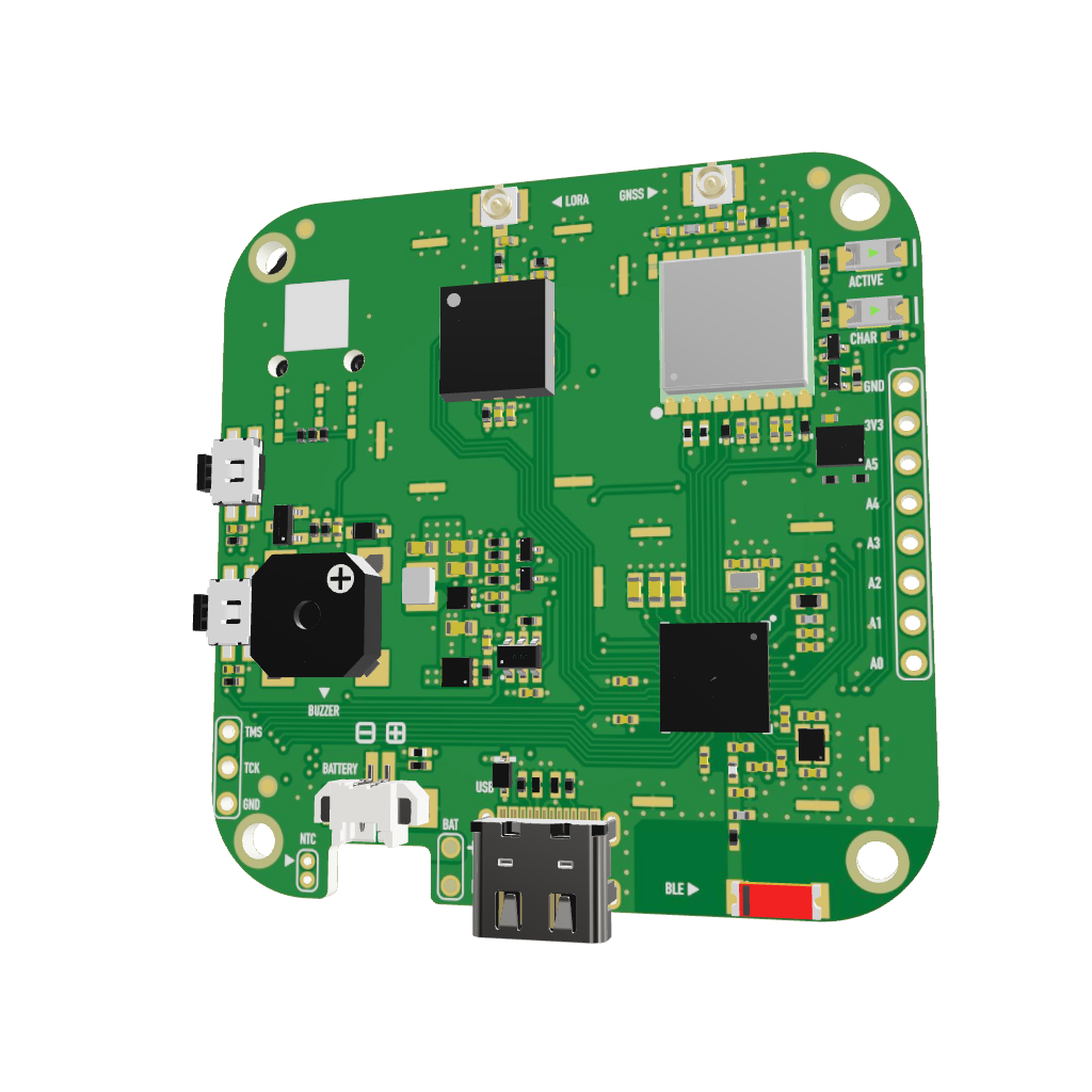 FoBE Mesh Tracker C1 development board showing nRF52840 MCU and LoRa transceiver — 3D perspective render