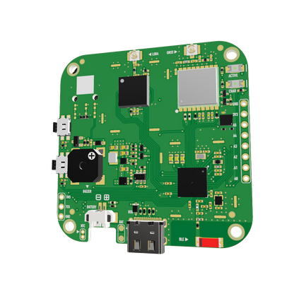 FoBE Mesh Tracker C1 development board showing nRF52840 MCU and LoRa transceiver — 3D perspective render